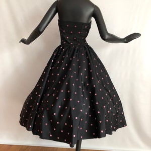 Polka Dot Rockabilly Dress Vintage 50s Pin Up Bombshell Prom Party Gown Black Pink Dots with Red Bust Full Circle Skirt Nautical SM image 8
