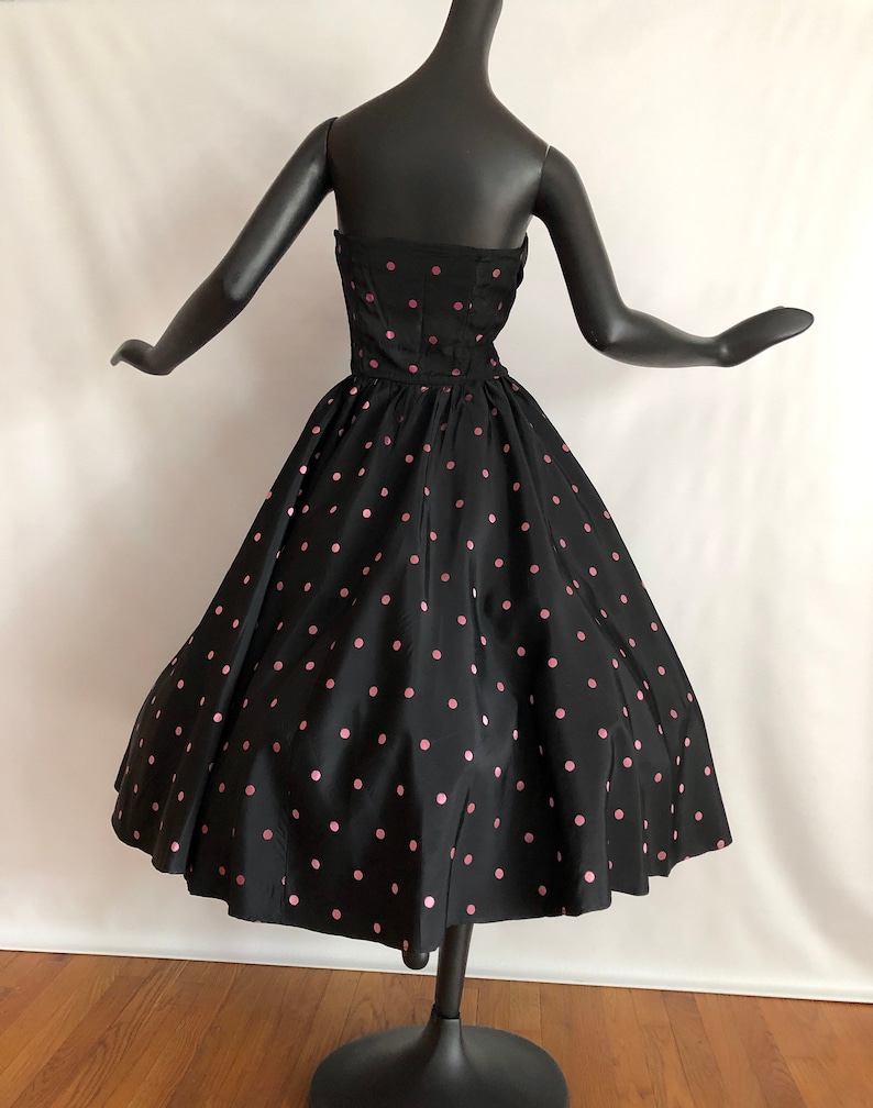 Polka Dot Rockabilly Dress Vintage 50s Pin Up Bombshell Prom Party Gown Black Pink Dots with Red Bust Full Circle Skirt Nautical SM image 8