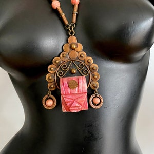 Vintage Pink Onyx Mask Necklace 1960s 1970s Mexican Copper Face Pendant Oaxaca Mexico Rockabilly Aztec Jewelry Large Size image 6