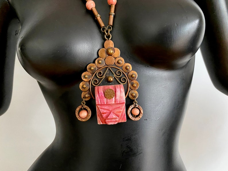 Vintage Pink Onyx Mask Necklace 1960s 1970s Mexican Copper Face Pendant Oaxaca Mexico Rockabilly Aztec Jewelry Large Size image 6