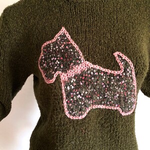 Handmade Scottie Dog Novelty Sweater One of a kind Hand Knit Deep Avocado / Olive Green Lilac Accents & Crocheted dingle ball drawstring image 4