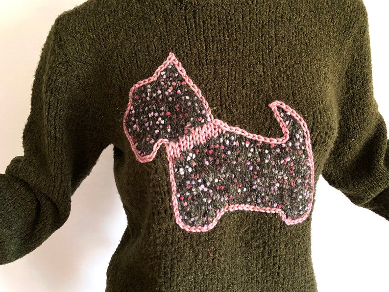 Handmade Scottie Dog Novelty Sweater One of a kind Hand Knit Deep Avocado / Olive Green Lilac Accents & Crocheted dingle ball drawstring image 4