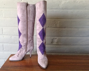 Vintage 80s Knee High Boots 1980s Couture Purple Lavender Suede Leather Mod Diamond Harlequin Design Leather Lining & Sole Made in Spain 5