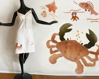 Vintage Crab Appliqué on Sexy Linen Beach Dress | white Coastal Nautical Surfer Mini Dress with Fish + Starfish By the Sea Embellishment