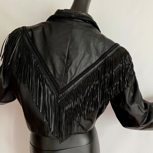 LARGE Black Leather Fringed Jacket Vintage 80s 90s Sexy Western Cowboy Punk Rocker Big Shoulders Nipped Waist Chevron Back Wilson's image 8