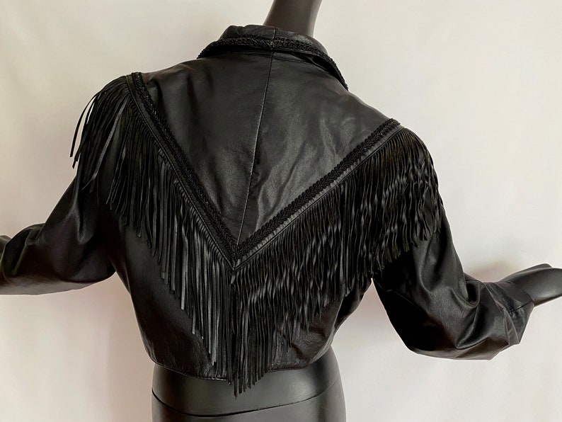 LARGE Black Leather Fringed Jacket Vintage 80s 90s Sexy Western Cowboy Punk Rocker Big Shoulders Nipped Waist Chevron Back Wilson's image 8