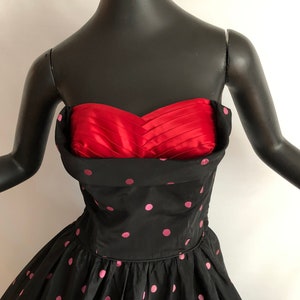 Polka Dot Rockabilly Dress Vintage 50s Pin Up Bombshell Prom Party Gown Black Pink Dots with Red Bust Full Circle Skirt Nautical SM image 7