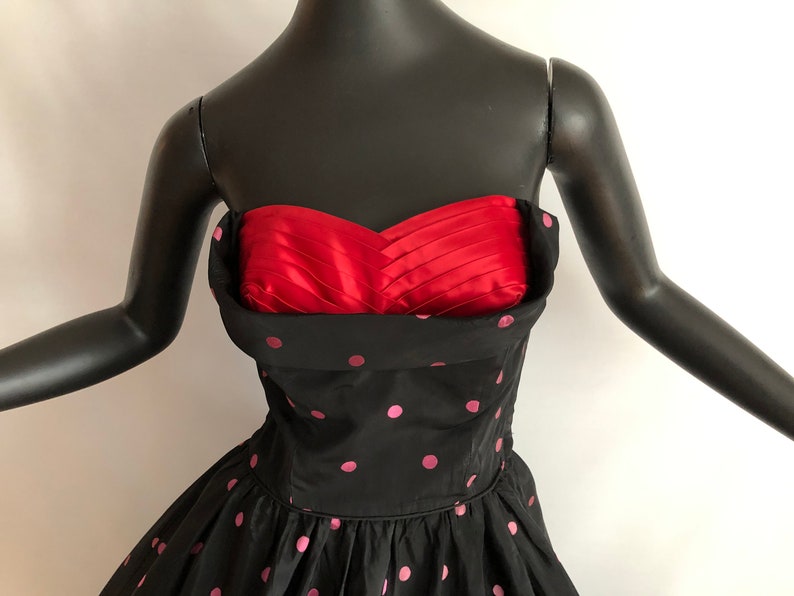 Polka Dot Rockabilly Dress Vintage 50s Pin Up Bombshell Prom Party Gown Black Pink Dots with Red Bust Full Circle Skirt Nautical SM image 7