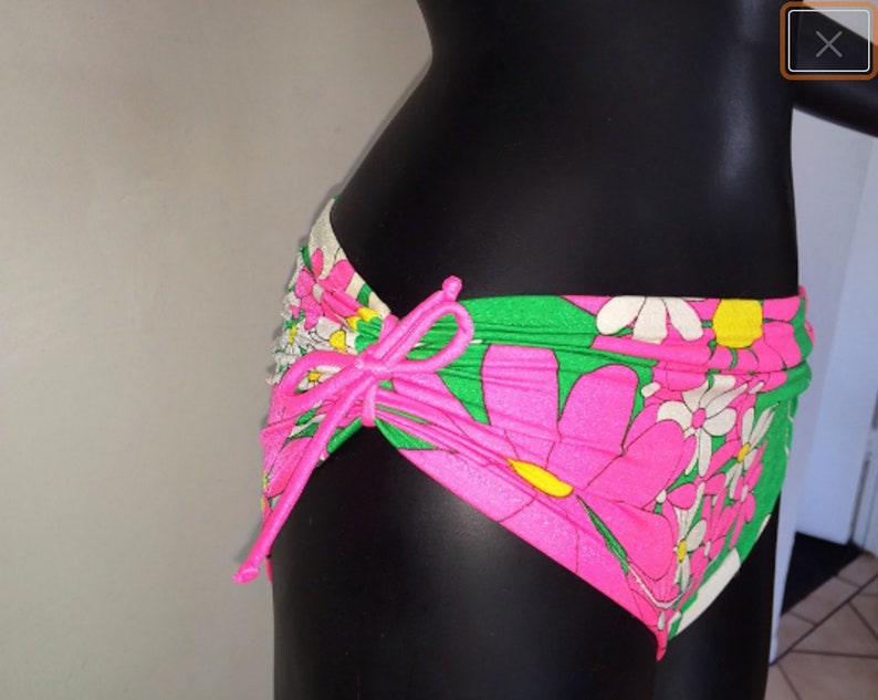 MOD Vintage 60s DeWeese Designs Bikini Swimsuit Adj. High Waist or Low Two Piece Bathing Suit Flower Power NEON Pink Green Spandex SM image 4