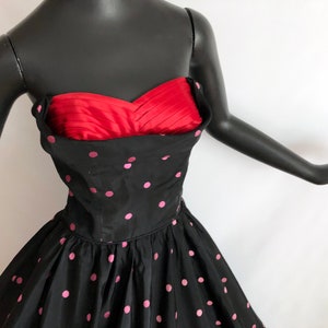 Polka Dot Rockabilly Dress Vintage 50s Pin Up Bombshell Prom Party Gown Black Pink Dots with Red Bust Full Circle Skirt Nautical SM image 2
