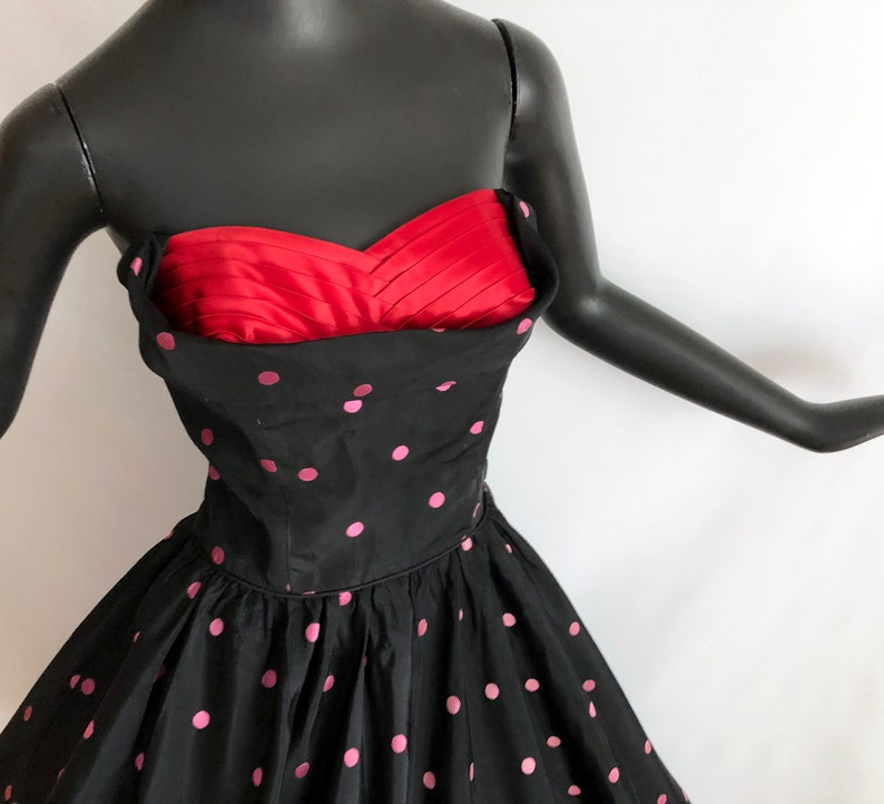 Polka Dot Rockabilly Dress Vintage 50s Pin Up Bombshell Prom Party Gown Black Pink Dots with Red Bust Full Circle Skirt Nautical SM image 2