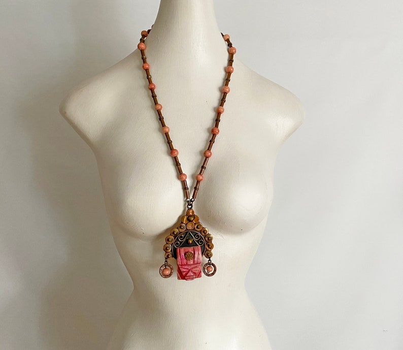 Vintage Pink Onyx Mask Necklace 1960s 1970s Mexican Copper Face Pendant Oaxaca Mexico Rockabilly Aztec Jewelry Large Size image 1