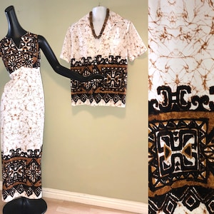 Hawaiian Wedding Set His & Hers Maxi Dress Tiki Oasis Hukilau Aloha Shirt Vintage 60s 70s White Brown Tribal Print Barkcloth Print Polyester