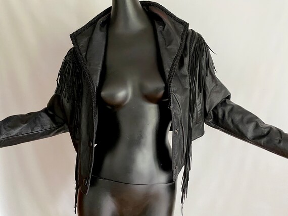 LARGE Black Leather Fringed Jacket | Vintage 80s … - image 3