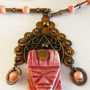 Vintage Pink Onyx Mask Necklace 1960s 1970s Mexican Copper Face Pendant Oaxaca Mexico Rockabilly Aztec Jewelry Large Size image 8