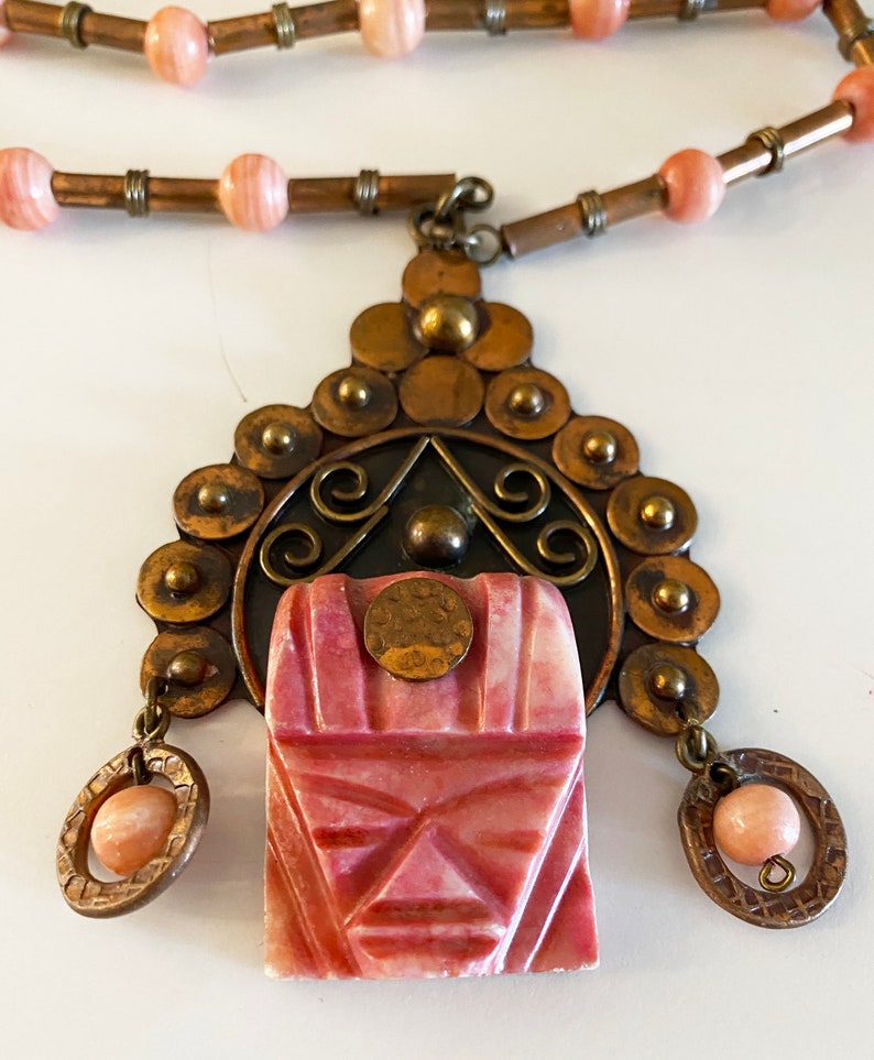 Vintage Pink Onyx Mask Necklace 1960s 1970s Mexican Copper Face Pendant Oaxaca Mexico Rockabilly Aztec Jewelry Large Size image 8