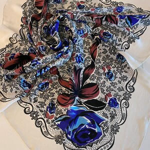 LARGE Vintage 50s Rockabilly Scarf Blue Roses, Puce Bows, Black Lace Print Pin-Up Bombshell Fashion Accessory Kerrybrook made in Italy image 3