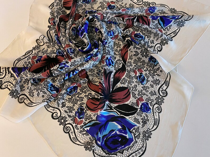 LARGE Vintage 50s Rockabilly Scarf Blue Roses, Puce Bows, Black Lace Print Pin-Up Bombshell Fashion Accessory Kerrybrook made in Italy image 3