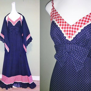 Vintage 60s 70s Maxi Dress + Shawl | Hippie Boho Festival Sexy Rockabilly Prairie Patriotic Nautical | Red White Blue Polka Dot & Gingham