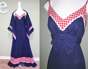 Vintage 60s 70s Maxi Dress + Shawl | Hippie Boho Festival Sexy Rockabilly Prairie Patriotic Nautical | Red White Blue Polka Dot & Gingham