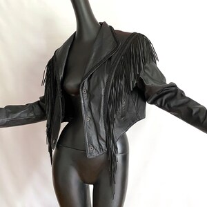 LARGE Black Leather Fringed Jacket Vintage 80s 90s Sexy Western Cowboy Punk Rocker Big Shoulders Nipped Waist Chevron Back Wilson's image 2