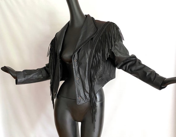 LARGE Black Leather Fringed Jacket | Vintage 80s … - image 2