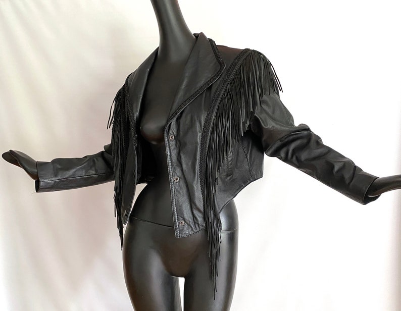 LARGE Black Leather Fringed Jacket Vintage 80s 90s Sexy Western Cowboy Punk Rocker Big Shoulders Nipped Waist Chevron Back Wilson's image 2