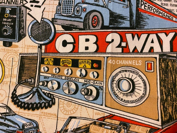 Vintage 70s CB Radio Fabric Cadillac Cassette Tape Cop Fireman Fire Fighter  Truck Trucker Novelty Print Kids Curtains Man Cave 