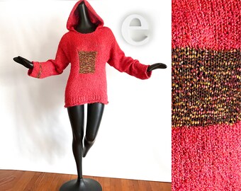 Handmade MOD Pink Hooded Sweater | Watermelon Coral Rose | One of a kind Hand Knit Novelty Hoodie |  | Boho Hippie |  Original Design L