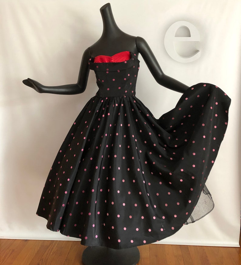 Polka Dot Rockabilly Dress Vintage 50s Pin Up Bombshell Prom Party Gown Black Pink Dots with Red Bust Full Circle Skirt Nautical SM image 3