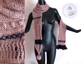 Intricate Hand Knit Scarf | Dusty Lilac Lavender w/ Pom Pom & Ruffle Edge | OOAK One of a Kind Boho Hippie Fashionista Accessory | 90" Long