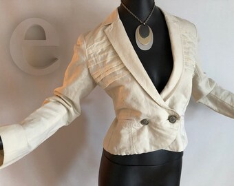 Sexy Nautical Military Cropped Blazer Jacket Off White Winter White Top High End Couture French Designer IKKS Super Long Sleeves Size Small
