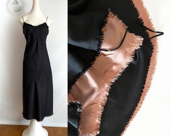Gorgeous Slip Dress | Black + Pink Vintage Rockabilly Pin Up Spaghetti Strap, Raw Edge Bias Dress | 80s 90s meets 50s Boudoir | Medium