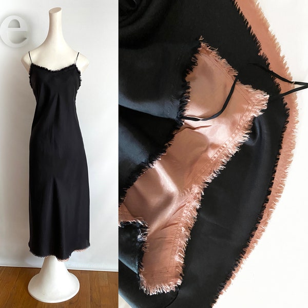 Gorgeous Slip Dress | Black + Pink Vintage Rockabilly Pin Up Spaghetti Strap, Raw Edge Bias Dress | 80s 90s meets 50s Boudoir | Medium