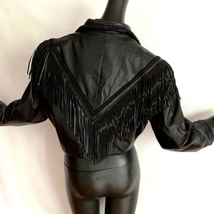 LARGE Black Leather Fringed Jacket Vintage 80s 90s Sexy Western Cowboy Punk Rocker Big Shoulders Nipped Waist Chevron Back Wilson's image 7