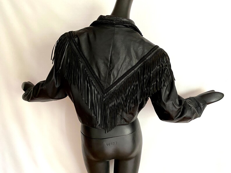 LARGE Black Leather Fringed Jacket Vintage 80s 90s Sexy Western Cowboy Punk Rocker Big Shoulders Nipped Waist Chevron Back Wilson's image 7