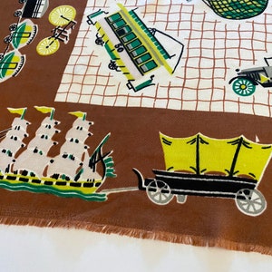 Vintage 40s 50s Transportation Scarf Hot Air Balloon Trolley Cable Car Train Covered Wagon Bicycle Sleigh Paddle Wheel Boat & More image 2