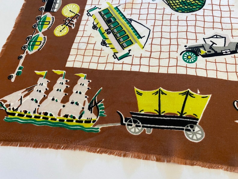 Vintage 40s 50s Transportation Scarf Hot Air Balloon Trolley Cable Car Train Covered Wagon Bicycle Sleigh Paddle Wheel Boat & More image 2