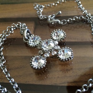 Vintage 1960s Rhinestone Cross Necklace Pendant MOD Space Age Atomic Starburst Dingbat Jewelry Accessory Silver Chain Lobster Claw Clasp