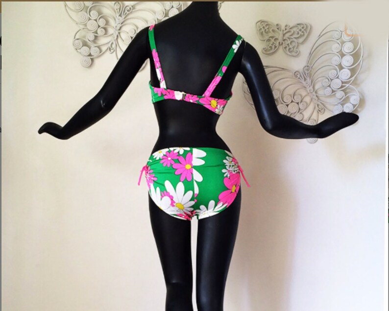 MOD Vintage 60s DeWeese Designs Bikini Swimsuit Adj. High Waist or Low Two Piece Bathing Suit Flower Power NEON Pink Green Spandex SM image 2