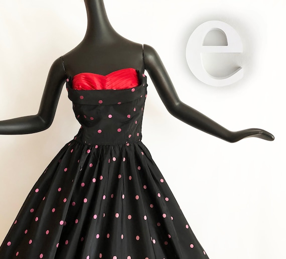 Polka Dot Rockabilly Dress | Vintage 50s Pin Up Bombshell Prom Party Gown | Black Pink Dots with Red Bust Full Circle Skirt | Nautical | SM Polka Dot Rockabilly Dress | Vintage 50s Pin Up Bombshell Prom Party Gown | Black Pink Dots with Red Bust Full Circle Skirt | Nautical | SM