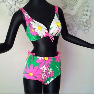 MOD Vintage 60s DeWeese Designs Bikini Swimsuit Adj. High Waist or Low Two Piece Bathing Suit Flower Power NEON Pink Green Spandex SM image 3