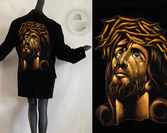 Men's VTG 70s Black Velvet "Jesus Christ" Tuxedo Jacket | Unisex OOAK Wearable Art | Goth Red Carpet Runway Event Wear | Hippie Boho Goth