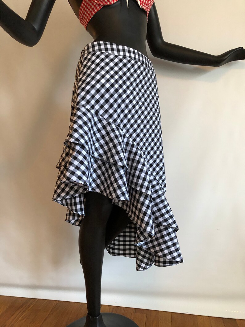 Gingham Rockabilly Ruffled Skirt Sexy Pin Up Bombshell Hippie Boho Festival Plaid Check Asymmetric High-Low Hemline High Waist or Low Rise image 7