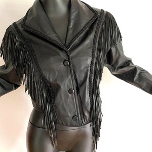 LARGE Black Leather Fringed Jacket Vintage 80s 90s Sexy Western Cowboy Punk Rocker Big Shoulders Nipped Waist Chevron Back Wilson's image 4