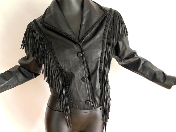 LARGE Black Leather Fringed Jacket | Vintage 80s … - image 4