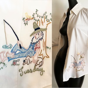 HILLBILLY Hand Embroidered Shirt! | OOAK From Vintage 1950s Rockabilly Transfer Design | Hippie Boho Festival White Blouse | Small / Medium