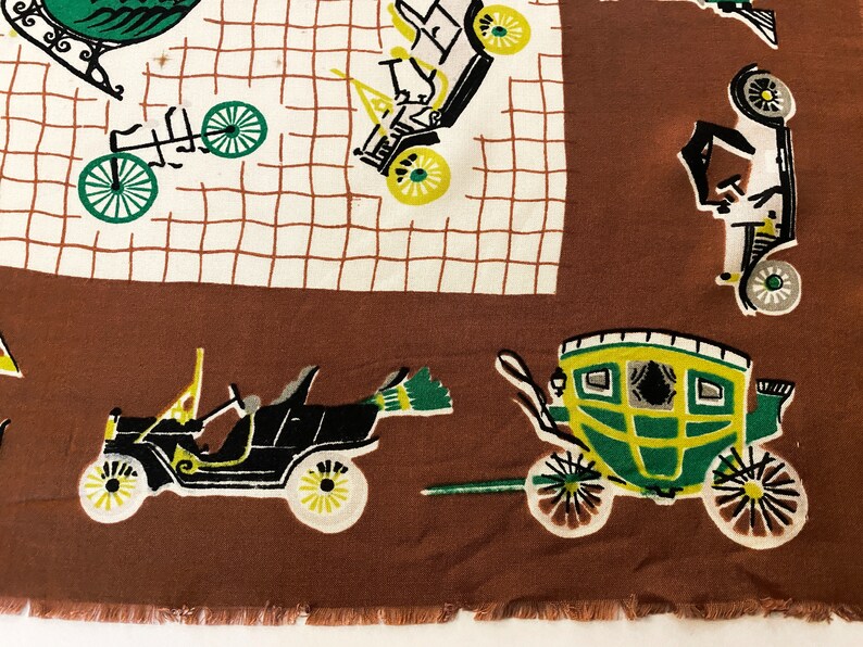 Vintage 40s 50s Transportation Scarf Hot Air Balloon Trolley Cable Car Train Covered Wagon Bicycle Sleigh Paddle Wheel Boat & More image 3