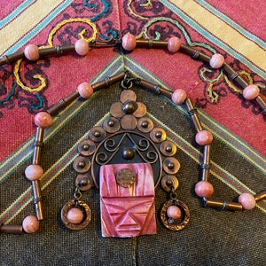 Vintage Pink Onyx Mask Necklace 1960s 1970s Mexican Copper Face Pendant Oaxaca Mexico Rockabilly Aztec Jewelry Large Size image 4