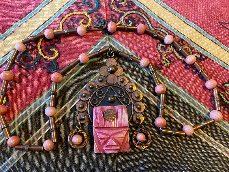 Vintage Pink Onyx Mask Necklace 1960s 1970s Mexican Copper Face Pendant Oaxaca Mexico Rockabilly Aztec Jewelry Large Size image 4